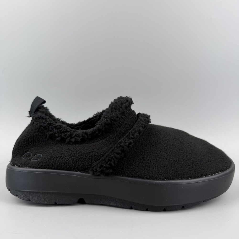Oofos Oocoozie Low Women Size 8 Black Sherpa Comfort Recovery Slip On Shoes NEW